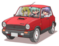 Rule 34 | 10s, 3girls, anchovy (girls und panzer), autobianchi, autobianchi a112 abarth, blonde hair, blue hat, car, carpaccio (girls und panzer), girls und panzer, green hair, hair between eyes, hat, left-hand drive, long hair, motor vehicle, multiple girls, pepperoni (girls und panzer), pointing, purple hair, short hair, uona telepin, v-shaped eyebrows, vehicle, vehicle focus, white background