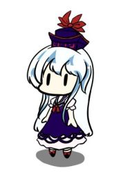 Rule 34 | 1girl, arms at sides, chibi, dress, full body, hat, kamishirasawa keine, long hair, lowres, no mouth, shoes, silver hair, simple background, solo, sorano orange, touhou, white background