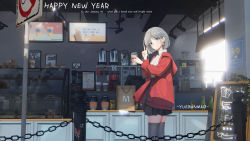 Rule 34 | 1girl, 2021, absurdres, artist name, bag, black skirt, blue eyes, cafe, commentary, cup, disposable cup, drink, english commentary, english text, grey hair, happy new year, highres, holding, holding drink, indoors, jacket, long sleeves, looking at viewer, new year, open clothes, open jacket, original, poster (object), red jacket, scenery, shirt, shopping bag, short hair, skirt, solo, television, v, watermark, white shirt, yuebanmao