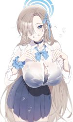Rule 34 | 1girl, asuna (blue archive), black bra, blue archive, blue eyes, blush, bow, bowtie, bra, bra visible through clothes, breasts, button gap, choker, cleavage, collared shirt, dress shirt, grey skirt, grin, hair over one eye, halo, highres, large breasts, light brown hair, long hair, long sleeves, looking at viewer, myao (o3o333), pleated skirt, scrunchie, shirt, skirt, smile, solo, underwear, very long hair, wet, wet clothes, white shirt, wrist scrunchie