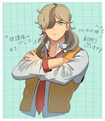 Rule 34 | 1boy, arven (pokemon), brown hair, collared shirt, creatures (company), crossed arms, furukawa makoto, game freak, green eyes, hair over one eye, highres, light brown hair, long hair, male focus, multicolored hair, necktie, nintendo, open clothes, open mouth, open vest, orange necktie, pokemon, pokemon sv, s m n 325, school uniform, shirt, solo, two-tone hair, vest, yellow vest