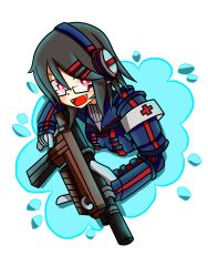 Rule 34 | 1girl, absurdres, acyo, commentary, fang, glasses, headphones, highres, internet positif, ipo-chan, open mouth, red eyes, sharp teeth, short hair, smile, solo, teeth, weapon