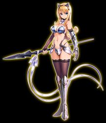 Rule 34 | 10s, 1girl, armor, armored boots, artist request, bare shoulders, bikini armor, black thighhighs, blonde hair, blue eyes, boots, bow, bowtie, breastplate, breasts, cleavage, elbow gloves, elina (queen&#039;s blade), female focus, fingerless gloves, full body, gauntlets, gloves, highres, holding, holding weapon, lace, lace-trimmed legwear, lace trim, long hair, looking at viewer, medium breasts, navel, official art, polearm, queen&#039;s blade, queen&#039;s blade unlimited, redesign, smile, solo, spear, standing, thighhighs, thong, transparent background, weapon