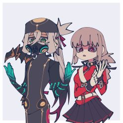 Rule 34 | 1boy, 1girl, adjusting clothes, adjusting gloves, angellyuna, asclepius (fate), belt, fate/grand order, fate (series), florence nightingale (fate), gas mask, gloves, gradient hair, grey eyes, jacket, long hair, mask, multicolored hair, pleated skirt, red jacket, sash, simple background, skirt, trait connection, very long hair, white belt, white gloves
