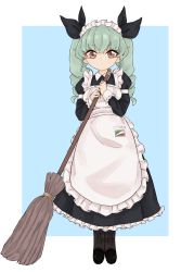 Rule 34 | 1girl, absurdres, alternate costume, anchovy (girls und panzer), apron, arm garter, bad id, bad pixiv id, black dress, black footwear, black ribbon, blue background, boots, broom, brown eyes, closed mouth, collared dress, commentary, dress, drill hair, emblem, enmaided, frilled dress, frills, full body, girls und panzer, green hair, green nails, hair ribbon, hetakusou, highres, holding, holding broom, light frown, long dress, long hair, long sleeves, looking at viewer, maid, maid apron, maid headdress, nail polish, outside border, ribbon, solo, standing, twin drills, twintails, white apron, wing collar