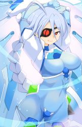 Rule 34 | 1girl, arc system works, arms behind head, artist name, blazblue, bodysuit, braid, breasts, covered navel, eyepatch, highres, jellcaps, large breasts, legs, long hair, looking at viewer, nu-13, red eyes, seductive smile, smile, solo, thighs