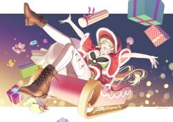 Rule 34 | 1girl, blonde hair, boots, box, breasts, christmas, cleavage, closed eyes, commentary, gift, gift box, happy, highres, large breasts, open mouth, original, outstretched arms, pom pom (clothes), sack, santa costume, sato (satoko 114), signature, sitting, sleigh, solo, spread arms, stuffed animal, stuffed toy, teddy bear, thighhighs