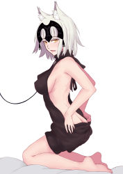 Rule 34 | 1girl, absurdres, animal ears, ass, back, backless outfit, barefoot, blonde hair, breasts, butt crack, cat ears, fate/grand order, fate (series), from side, full body, headpiece, highres, illusionk, jeanne d&#039;arc (fate), jeanne d&#039;arc alter (avenger) (fate), jeanne d&#039;arc alter (fate), kemonomimi mode, kneeling, leash, light smile, looking at viewer, medium breasts, meme attire, no panties, on bed, short hair, sideboob, solo, turtleneck, undressing, virgin killer sweater, white background, yellow eyes