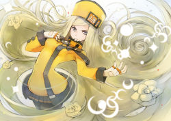 Rule 34 | 1girl, bana (stand flower), blonde hair, blue eyes, breasts, diffraction spikes, flower, frown, fur hat, guilty gear, guilty gear xrd, hand on own chest, hat, highres, license plate, long hair, long sleeves, medium breasts, millia rage, pantyhose, prehensile hair, solo, ushanka, very long hair