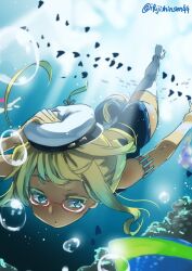 Rule 34 | 1girl, ass, blonde hair, blue eyes, commentary request, freediving, hat, holding, holding clothes, holding hat, i-8 (kancolle), ifuji shinsen, kantai collection, low twintails, peaked cap, red-framed eyewear, sailor hat, school swimsuit, semi-rimless eyewear, solo, swimming, swimsuit, thighhighs, twintails, twitter username, under-rim eyewear, underwater, white hat, white thighhighs