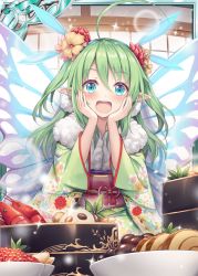 Rule 34 | 1girl, akkijin, blue eyes, face in hands, fairy, fairy wings, floral print, flower, food, fruit, green hair, green kimono, hair flower, hair ornament, japanese clothes, kimono, official art, open mouth, pixie servant (shinkai no valkyrie), pointy ears, shinkai no valkyrie, shrimp, shrimp tempura, surprised, tempura, wings