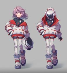 Rule 34 | 1girl, absurdres, arm at side, bodysuit, bodysuit under clothes, commentary, contrapposto, full body, grey background, hand on own hip, unworn headwear, helmet, unworn helmet, highres, holding, holding helmet, hood, hood up, hoodie, ichiyon, large shoes, looking at viewer, off-shoulder jacket, off shoulder, original, pilot suit, pink eyes, pink hair, shoes, smile, solo, space helmet