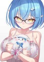 Rule 34 | 1girl, absurdres, animal, bare arms, bare shoulders, blue hair, blush, breasts, camisole, character hair ornament, cleavage, collarbone, crossed bangs, daifuku (yukihana lamy), elf, frilled camisole, frills, glasses, hair between eyes, hair ornament, hairclip, highres, holding, holding animal, hololive, large breasts, looking at viewer, null suke, official alternate costume, official alternate hair length, official alternate hairstyle, pajamas, pointy ears, polka dot, polka dot camisole, short hair, simple background, sleepwear, smile, solo, spaghetti strap, twitter username, virtual youtuber, white camisole, wrist cuffs, yellow eyes, yukihana lamy, yukihana lamy (loungewear), yukimin (yukihana lamy)