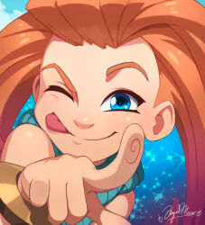 Rule 34 | 1girl, :p, ;p, absurdres, angelmoonlight, artist name, blue background, blue eyes, brown hair, closed mouth, hand up, highres, league of legends, long hair, one eye closed, red hair, shiny skin, smile, solo, tongue, tongue out, zoe (league of legends)