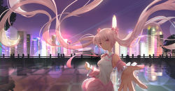 Rule 34 | building, cherry blossoms, cityscape, detached sleeves, flower, foreshortening, hair flower, hair ornament, hatsune miku, highres, lens flare, long hair, looking at viewer, night, night sky, original, outstretched hand, pink eyes, pink hair, pink skirt, rika (mikunopantsu), sakura miku, silhouette, skirt, sky, skyscraper, smile, solo focus, twintails, very long hair, vocaloid
