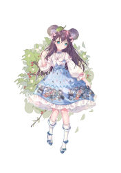 Rule 34 | 1girl, absurdres, animal ears, animal print, ankle bow, ankle ribbon, blue dress, blue eyes, blue footwear, blue neckwear, bow, bowtie, brown hair, dress, frilled dress, frilled sleeves, frills, full body, hair between eyes, hair bow, highres, leg ribbon, lolita fashion, long hair, long sleeves, looking at viewer, neckerchief, original, outline, pink bow, playing with own hair, ribbon, skirt hold, socks, solo, white background, white outline, white socks, yuzhi