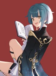Rule 34 | 1boy, absurdres, black shorts, blue hair, book, boots, frilled sleeves, frills, from behind, genshin impact, head tilt, highres, holding, holding book, knee boots, long sleeves, looking at viewer, male focus, open mouth, realmbw, shorts, solo, white footwear, xingqiu (genshin impact), yellow eyes