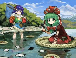 2girls blue_eyes blue_hair green_eyes green_hair highres howhow_notei kagiyama_hina long_hair multiple_girls short_hair tenkyuu_chimata touhou