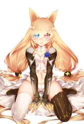 Rule 34 | 1girl, absurdly long hair, absurdres, animal ears, asymmetrical legwear, black footwear, blonde hair, blue eyes, boots, cat ears, detached collar, flower, full body, g41 (girls&#039; frontline), girls&#039; frontline, gloves, heterochromia, highres, horz, long hair, looking at viewer, low-tied long hair, mismatched legwear, navel, panties, red eyes, shirt, shoes, sitting, solo, thigh boots, thighhighs, twintails, underwear, very long hair, wariza, white background, white panties, white shirt, white thighhighs