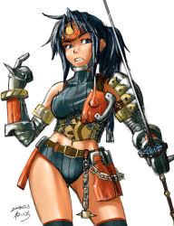 Rule 34 | 00s, 1girl, 2008, angry, armor, asymmetrical clothes, bare shoulders, belt, black eyes, black hair, breasts, capcom, chain, clenched teeth, contrapposto, crop top, elbow gloves, fighting stance, forehead protector, foreshortening, gauntlets, gloves, headband, holding, hunter, kuroobi, kuroobi (armor), large breasts, long hair, looking away, micro shorts, midriff, monster, monster hunter (series), navel, nekoguchi, pointing, ponytail, shirt, shorts, signature, simple background, sketch, sleeveless, sleeveless turtleneck, solo, spikes, standing, sword, taut clothes, taut shirt, teeth, thighhighs, thighs, turtleneck, weapon