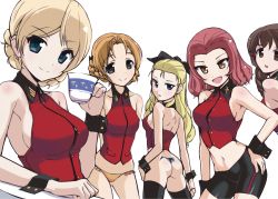 Rule 34 | 10s, 5girls, adapted costume, aegis (nerocc), arms behind back, ass, assam (girls und panzer), back, bike shorts, bikini, bikini bottom only, black thighhighs, blonde hair, blue eyes, braid, brown eyes, brown hair, c-string, commentary, cup, darjeeling (girls und panzer), from behind, girls und panzer, hair ribbon, hair slicked back, halterneck, hand on own hip, holding, jacket, long hair, looking at viewer, looking back, midriff, military, military uniform, multiple girls, navel, orange hair, orange pekoe (girls und panzer), red eyes, red hair, ribbon, rosehip (girls und panzer), rukuriri (girls und panzer), short hair, side-tie bikini bottom, simple background, single braid, single vertical stripe, sleeveless, smile, standing, strapless bottom, swimsuit, teacup, thighhighs, uniform, white background, wrist cuffs