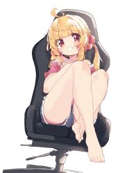 Rule 34 | 1girl, ahoge, aoi tori, bare legs, bare shoulders, barefoot, black shorts, blonde hair, blush, chair, crossed legs, dorsiflexion, fang, feet, gaming chair, grin, hair bobbles, hair ornament, highres, knees up, legs, long hair, looking at viewer, off-shoulder shirt, off shoulder, on chair, original, pink shirt, red eyes, shadow, shirt, short shorts, shorts, side ponytail, simple background, sitting, smile, solo, swivel chair, thighs, toes, twintails, white background