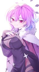Rule 34 | 1girl, :d, black dress, breasts, capelet, dress, evelynn violeta, fingerless gloves, fur-trimmed capelet, fur trim, gloves, halo, hand on own chest, happy saint sheol, highres, large breasts, long eyelashes, looking at viewer, open mouth, purple hair, red eyes, sali hssh, see-through, see-through sleeves, smile, star (symbol), thighs, tsurime, white background, white capelet, wide sleeves