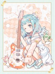 Rule 34 | 3girls, absurdres, animal ears, ankle cuffs, blue eyes, blue hair, blush, bow, detached collar, dress, electric guitar, fox ears, fox girl, fox tail, frilled dress, frills, green hair, guitar, hacosumi, hair bow, hair ornament, hairclip, half updo, high heels, highres, instrument, jewelry, long sleeves, mini person, minigirl, multiple girls, off-shoulder dress, off shoulder, one eye closed, original, pendant, pink hair, short hair, sleeve bow, smile, tail, wings