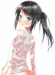 Rule 34 | 10s, 1girl, asashio (kancolle), bad id, bad pixiv id, black hair, blue eyes, blush, eyebrows, kantai collection, open mouth, ponytail, puririn, shirt, simple background, solo