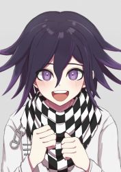 Rule 34 | 1boy, :d, arironpawa, black hair, blush, checkered clothes, checkered scarf, danganronpa (series), danganronpa v3: killing harmony, grey background, grey jacket, hair between eyes, hands up, highres, jacket, long sleeves, looking at viewer, male focus, multicolored hair, open mouth, oma kokichi, purple eyes, purple hair, scarf, short hair, simple background, smile, solo, teeth, two-tone hair, upper body, upper teeth only