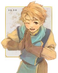 Rule 34 | 1boy, ;d, blonde hair, blue scarf, brown eyes, brown hair, commentary request, dated, gensou suikoden, gensou suikoden i, gloves, male focus, natsuo (hatohaco), one eye closed, open mouth, own hands together, scarf, short hair, smile, solo, ted (suikoden), tunic