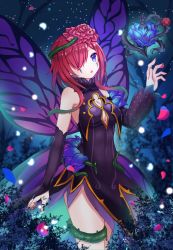 Rule 34 | 1girl, bare shoulders, black dress, blue eyes, breasts, butterfly wings, center opening, dress, facial mark, fairy, fairy wings, falling petals, fire emblem, fire emblem heroes, flower, forest, hair flower, hair ornament, hair over one eye, hair vines, highres, insect wings, medium hair, nature, nintendo, petals, purple hair, rose, shira yu ki, solo, thorns, triandra (fire emblem), wings