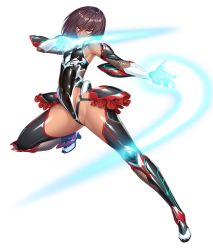Rule 34 | 1girl, alternate hairstyle, aoi nagisa (metalder), aura, bare shoulders, battle stance, boots, breasts, covered navel, curvy, dark-skinned female, dark skin, female focus, fighting stance, full body, highres, impossible clothes, impossible leotard, leotard, lilith-soft, looking at viewer, mizuki yukikaze, mizuki yukikaze (future), pink eyes, shiny clothes, shiny skin, short hair, small breasts, solo, taimanin (series), taimanin rpgx, taimanin yukikaze, thong leotard, weapon