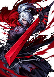 Rule 34 | 1boy, bad id, bad pixiv id, blood, bruise, chain, character request, eclosion, gauntlets, hair over one eye, highres, injury, long hair, male focus, phantom blade (game), phantom blade 2, ponytail, red eyes, red scarf, scarf, solo, sword, weapon, white hair