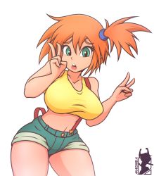 Rule 34 | 1girl, alternate breast size, bare arms, bare shoulders, blouse, blue shorts, breasts, collarbone, contrapposto, cowboy shot, creatures (company), crop top, denim, denim shorts, double v, game freak, green eyes, hair between eyes, hair ornament, hair scrunchie, hands up, highres, impossible clothes, impossible shirt, large breasts, looking at viewer, maishida, midna, midriff, misty (pokemon), navel, nintendo, open mouth, orange hair, pokemon, pokemon (anime), scrunchie, shirt, short hair, short ponytail, short shorts, shorts, side ponytail, signature, simple background, solo, standing, suspenders, suspenders slip, taut clothes, taut shirt, thick thighs, thighs, v, white background, white shirt