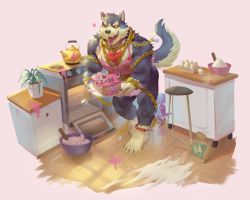 Rule 34 | &gt;:), 1boy, animal ears, apron, ass, bara, beige fur, blush, cake, chain, chain necklace, chair, chest hair, dog boy, dog ears, dog tail, egg, food, full body, furry, furry male, garmr (housamo), grey fur, highres, holding, holding cake, holding food, incoming food, jewelry, kitchen, large pectorals, leaning forward, male focus, mamaduo, messy, muscular, naked apron, necklace, oven, pectorals, pink apron, saliva, sharp teeth, short hair, solo, tail, tail raised, teeth, thick eyebrows, tokyo houkago summoners, tongue, tongue out, translation request
