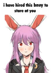 1girl animal_ears bad_id bad_twitter_id blazer blush english_text grey_jacket image_macro_(meme) jacket long_hair looking_at_viewer meme necktie purple_hair rabbit_ears red_eyes red_necktie reisen_udongein_inaba shirt signature sketch smile sparkle71059204 staring touhou upper_body white_shirt