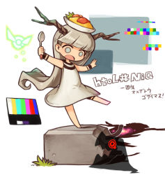 Rule 34 | 1girl, barefoot, chibi, color guide, commentary request, dress, food, grey hair, horns, hotaru (htol#niq), htol#niq: hotaru no nikki, katabami38, long hair, mion (htol#niq), o o, object on head, omelet, omurice, open mouth, red eyes, shadow, solid circle eyes, spoon, standing, standing on one leg, very long hair, white background, white dress
