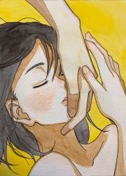 Rule 34 | 1boy, 1girl, black hair, blush, closed eyes, collarbone, fingernails, hand on another&#039;s face, highres, medium hair, nude, original, painting (medium), parted lips, pink lips, shinomiya nanase, simple background, solo focus, traditional media, upper body, watercolor (medium), yellow background