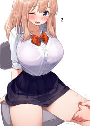 Rule 34 | 1girl, blush, bow, bowtie, bra visible through clothes, breasts, brown hair, chair, collarbone, huge breasts, kaisen chuui, medium hair, one eye closed, open mouth, original, panties, pleated skirt, purple eyes, school uniform, see-through silhouette, side-tie panties, side-tie peek, simple background, sitting, skirt, solo focus, tented shirt, thigh grab, trembling, underwear, white background