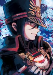 Rule 34 | 1girl, artist name, bad id, bad twitter id, black eyes, black hair, closed mouth, commentary request, from side, hair between eyes, hat, high collar, highres, jacket, military, military jacket, military uniform, morag ladair (xenoblade), nintendo, peaked cap, pink lips, reiesu (reis), short hair, signature, smile, solo, uniform, upper body, xenoblade chronicles (series), xenoblade chronicles 2