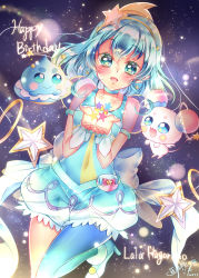 Rule 34 | 1girl, 2019, :d, absurdres, blue choker, blue hair, blue legwear, blue shorts, blush, character name, choker, collarbone, covered navel, cure milky, floating hair, fuwa (precure), green eyes, hagoromo lala, hair ornament, hairband, happy birthday, highres, long hair, looking at viewer, open mouth, precure, prunce (precure), see-through, shiny clothes, shiny legwear, short shorts, short sleeves, shorts, signature, single leg pantyhose, sky, smile, star-shaped pupils, star (sky), star (symbol), star hair ornament, star twinkle precure, starry sky, symbol-shaped pupils, touki matsuri, yellow hairband