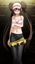 Rule 34 | 1girl, black pantyhose, blue eyes, blush, bow, bow bra, bra, breasts, brown hair, cleavage, clenched teeth, clothes pull, collarbone, creatures (company), double bun, embarrassed, game freak, hair between eyes, hair bun, hat, highres, indoors, long hair, looking at viewer, medium breasts, midriff, navel, nintendo, panties, panties under pantyhose, pantyhose, pink bow, pokemon, pokemon bw2, pulled by self, red bow, rosa (pokemon), short shorts, shorts, shorts pull, solo, standing, stomach, sweatdrop, teeth, thigh gap, tsukishiro saika, twintails, underwear, very long hair, visor cap, white bra, white hat, wooden wall, yellow shorts