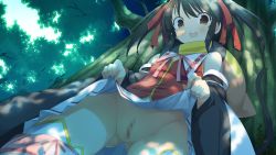 Rule 34 | 1girl, against tree, black hair, blush, censored, clothes lift, dress, dress lift, evenicle, flat chest, game cg, gurigura, legs, long hair, looking down, mosaic censoring, no panties, open mouth, pussy, scarf, solo, standing, tail, thighs, tree, twintails, yaegashi nan, yellow eyes