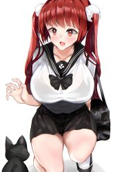 Rule 34 | 1girl, 1other, :d, absurdres, arm behind back, azur lane, bag, black bag, black bow, black bra, black cat, black footwear, black sailor collar, black skirt, blouse, blush, bow, bowtie, bra, bra visible through clothes, breasts, cat, collarbone, curvy, dinsoreprong64, facing viewer, fang, female focus, highres, honolulu (azur lane), honolulu (umbrella girl) (azur lane), huge breasts, huge filesize, kneeling, lace, lace bra, loafers, long hair, looking at animal, matching hair/eyes, miniskirt, official alternate costume, open mouth, red eyes, red hair, sailor collar, school uniform, scrunchie, see-through, serafuku, shirt, shoes, short sleeves, shoulder bag, simple background, skirt, smile, socks, solo, thick thighs, thighs, twintails, underwear, wet, wet clothes, wet shirt, white background, white shirt, white socks