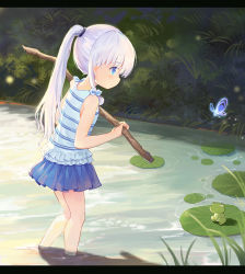 Rule 34 | 1girl, blue eyes, blue shirt, blue skirt, bug, butterfly, child, day, frog, insect, kneepits, leilin, letterboxed, lily pad, long hair, md5 mismatch, miniskirt, naruse shiroha, outdoors, pond, ponytail, resolution mismatch, shirt, silver hair, skirt, sleeveless, sleeveless shirt, source larger, standing, stick, striped clothes, striped shirt, summer pockets, very long hair, wading, water