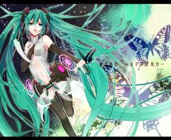 Rule 34 | 1girl, :o, absurdly long hair, barefoot, breasts, bridal gauntlets, bug, butterfly, center opening, character name, feet, green eyes, green hair, hand on own chest, hatsune miku, hatsune miku (append), highres, insect, letterboxed, long hair, matching hair/eyes, nail polish, navel, necktie, noka (blackheart1118), open mouth, solo, thighhighs, toenail polish, toenails, twintails, very long hair, vocaloid, vocaloid append