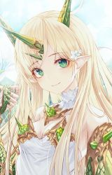 Rule 34 | 1girl, absurdres, bad id, bad twitter id, bare shoulders, blonde hair, blush, breasts, cleavage, closed mouth, collarbone, diamond-shaped pupils, diamond (shape), flower, green eyes, highres, horns, long hair, looking at viewer, medium breasts, okazu (eightstudio), original, pointy ears, smile, solo, symbol-shaped pupils, very long hair