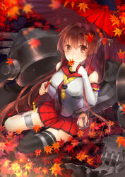 Rule 34 | 10s, 1girl, anchor, autumn, autumn leaves, bad id, bad pixiv id, breasts, brown eyes, brown hair, covered navel, detached sleeves, flower, hair flower, hair ornament, headgear, holding, holding leaf, holding umbrella, kantai collection, large breasts, leaf, leaf on head, long hair, looking at viewer, machinery, miniskirt, oil-paper umbrella, partially submerged, pleated skirt, ponytail, red skirt, rope, sakuyosi, single thighhigh, sitting, skirt, smile, solo, tassel, thighhighs, turret, umbrella, very long hair, yamato (kancolle), yokozuwari