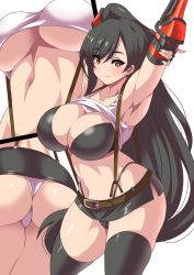 Rule 34 | 1girl, armpits, arms up, ass, bare shoulders, black bra, black hair, black panties, black skirt, blush, bra, breasts, brown eyes, cleavage, closed mouth, clothes lift, elbow gloves, elbow pads, final fantasy, final fantasy vii, gloves, highres, konno tohiro, large breasts, long hair, looking at viewer, low-tied long hair, miniskirt, multiple views, navel, panties, pencil skirt, shirt lift, simple background, skirt, smile, stretching, suspender skirt, suspenders, swept bangs, tank top, thighhighs, thighs, tifa lockhart, underwear, very long hair, white background, white tank top